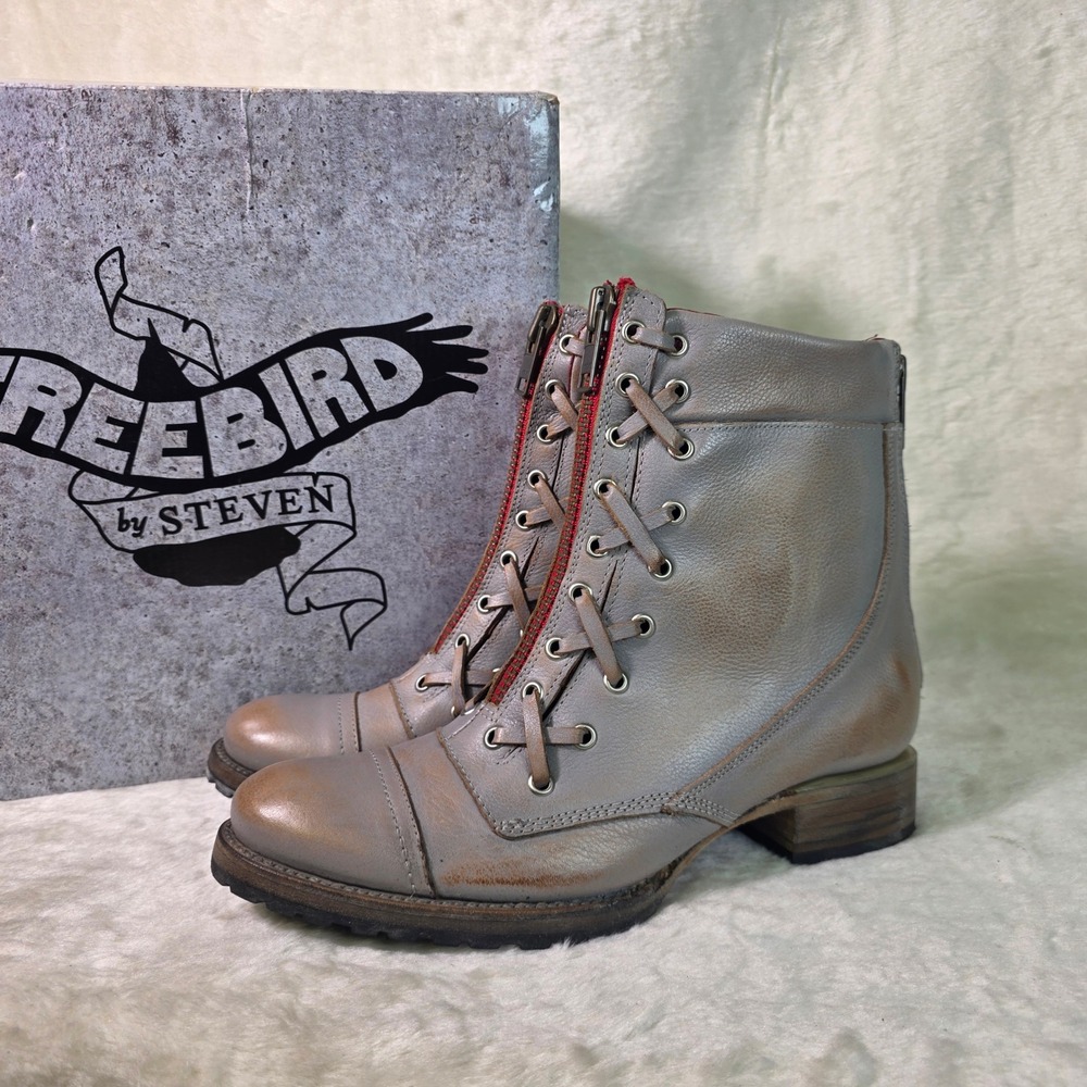 Freebird by Steven Manchester Boots Grey Leather Lace Up Zip Womens 11 NEW
